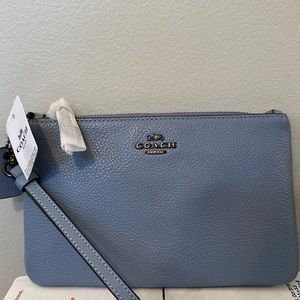 Coach Polished Leather Small Zip Top Wristlet Blue
